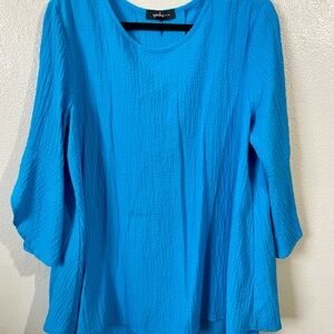 Yushi Textured Crepe Tunic Top Turquoise Bell Sleeve Button Lagenlook Large/XL